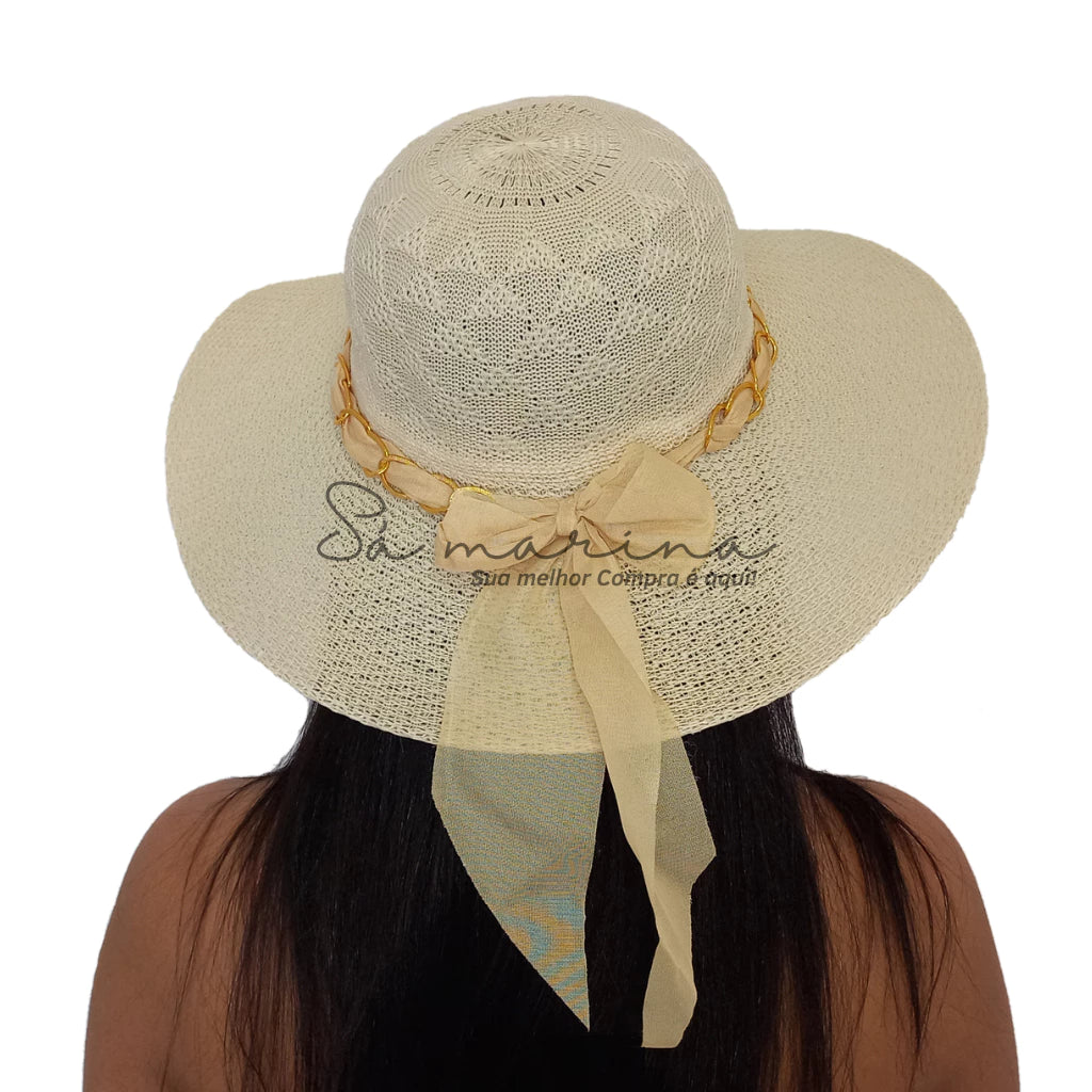 Sombrero de ala ancha para mujer con cadena de lujo y detalle de lazo
