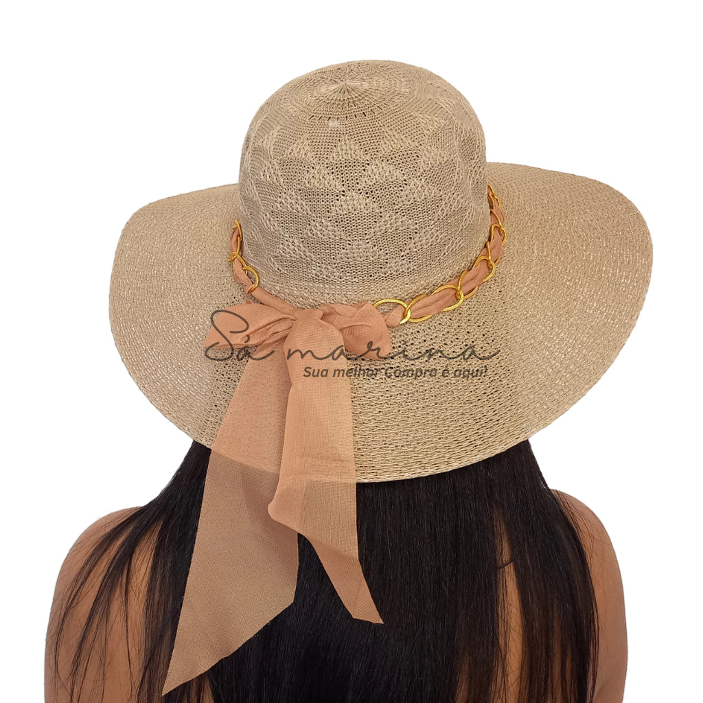 Sombrero de ala ancha para mujer con cadena de lujo y detalle de lazo