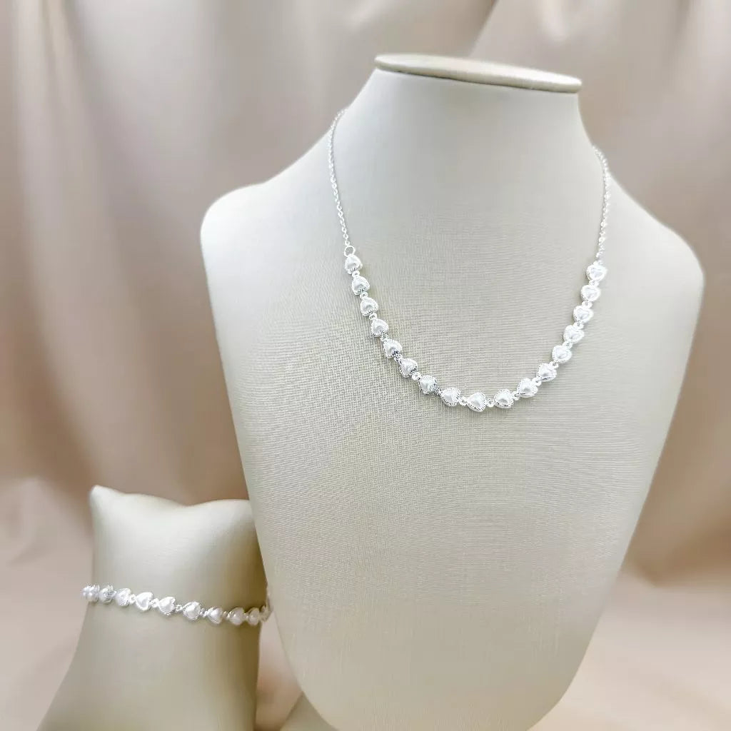 Kit Colar+Pulseira de pérolas de coração delicado choker folheado a Prata 925 Durabilidade 3 meses