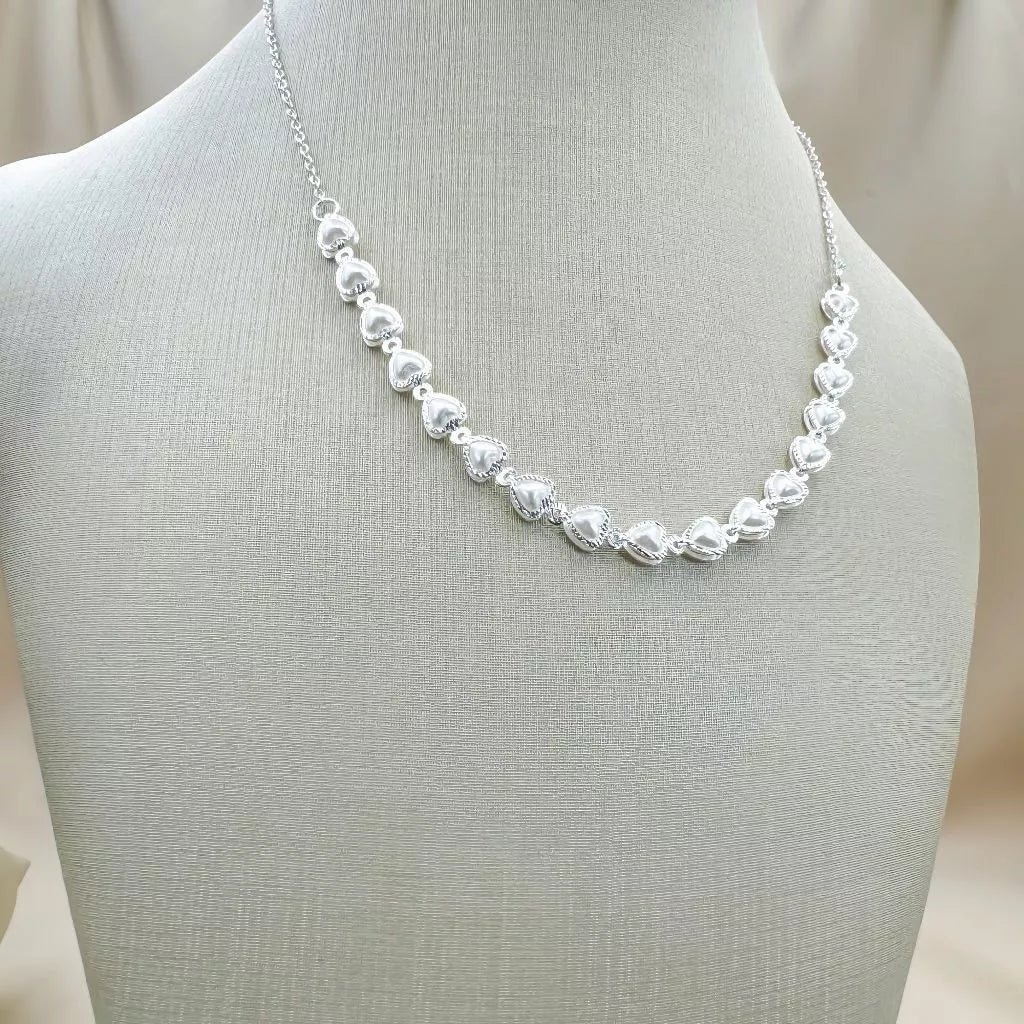 Kit Colar+Pulseira de pérolas de coração delicado choker folheado a Prata 925 Durabilidade 3 meses