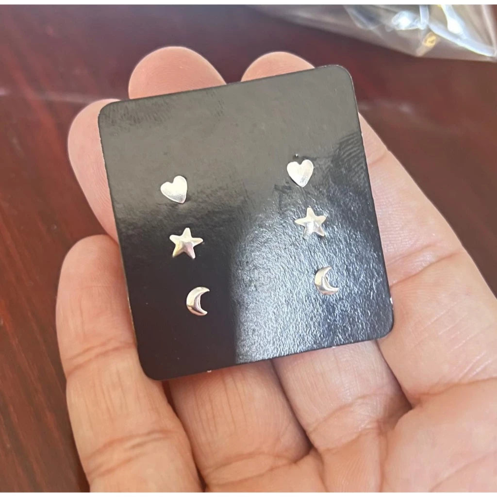 Trio Celestial - Brincos Estrela, Coração e Lua em Prata 925
