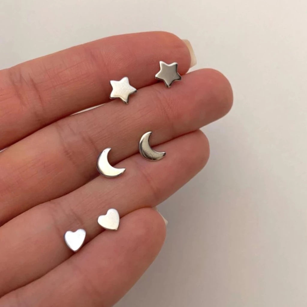 Trio Celestial - Brincos Estrela, Coração e Lua em Prata 925