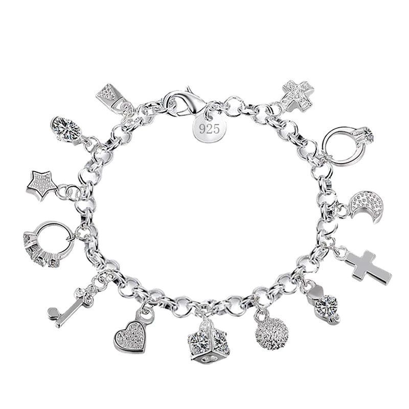 Pulseira SilverCharm | Prata 925 com Pingentes Lua, Coração e Cadeado
