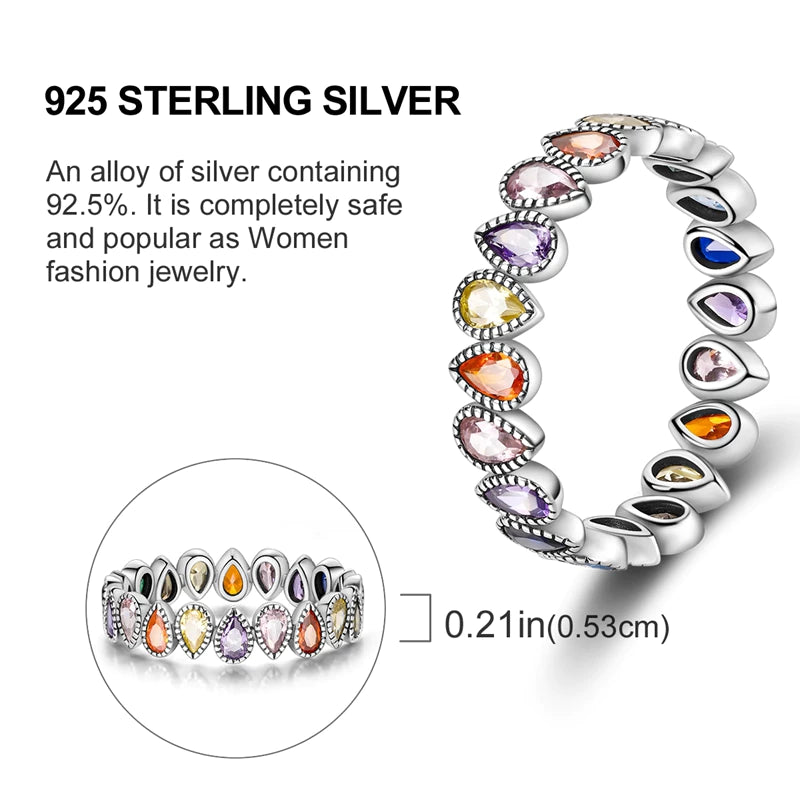 Anillo Arcoíris Elegancia - Plata 925 con Circonita en Forma de Gota de Agua