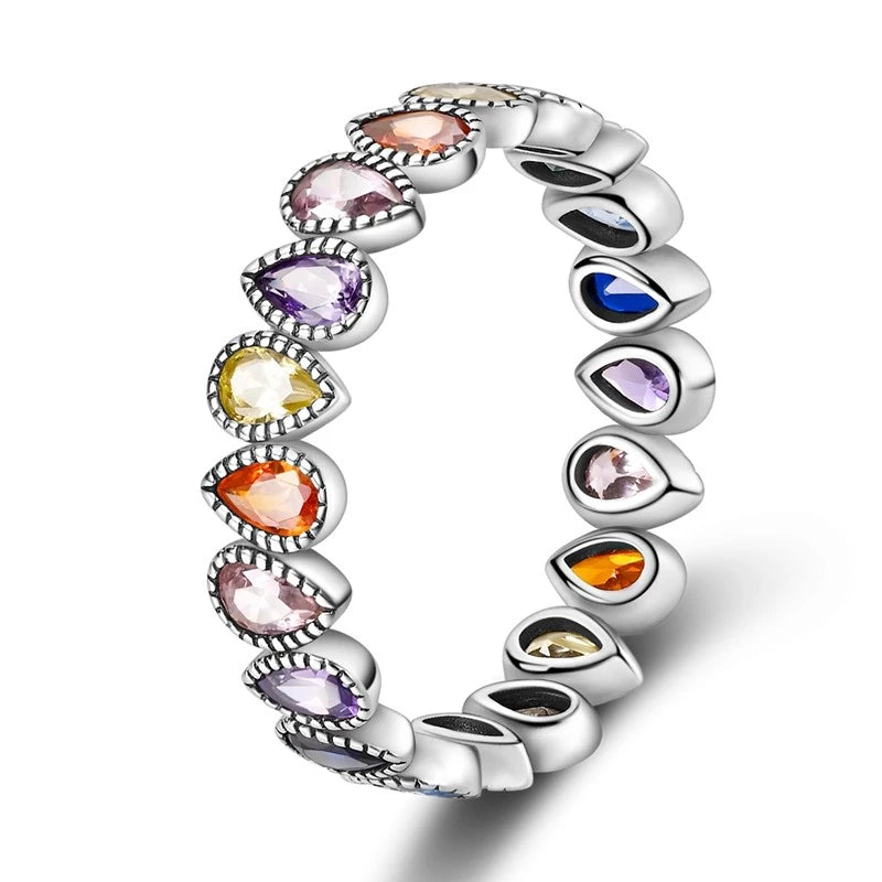 Anillo Arcoíris Elegancia - Plata 925 con Circonita en Forma de Gota de Agua