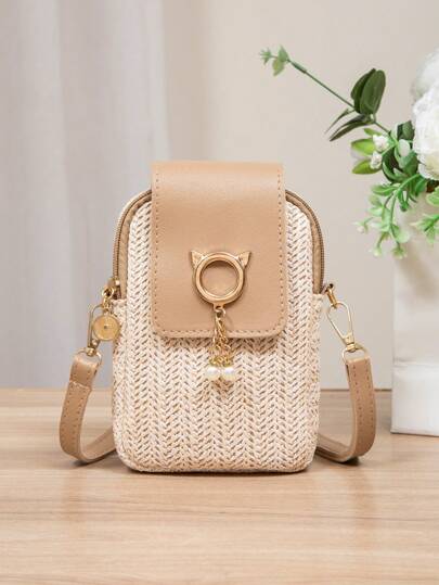 Bolsa de Palha Transversal com Pérolas e Strass - Luna Fashion Style - 