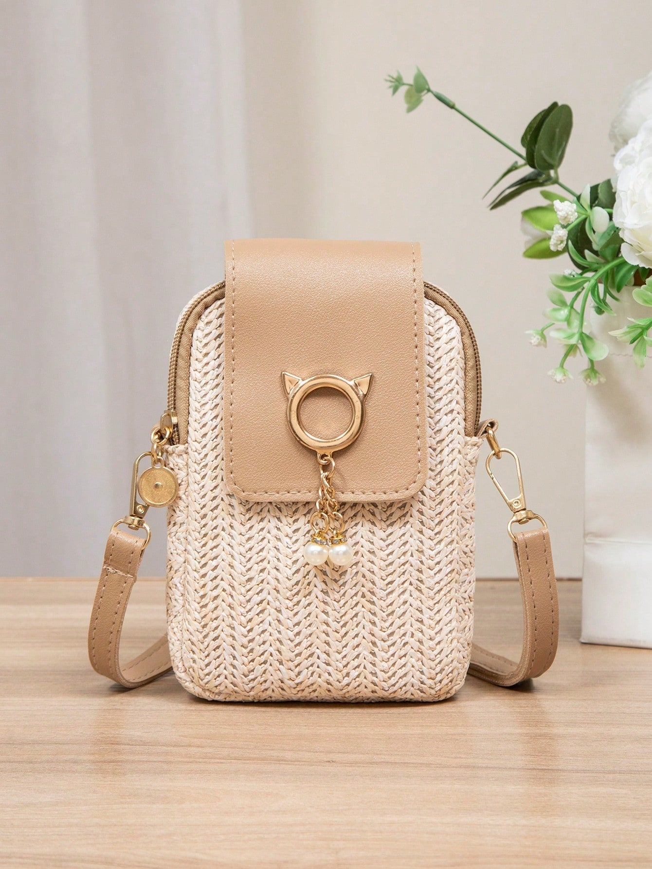 Bolsa de Palha Transversal com Pérolas e Strass - Luna Fashion Style - 