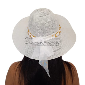 Sombrero de ala ancha para mujer con cadena de lujo y detalle de lazo 