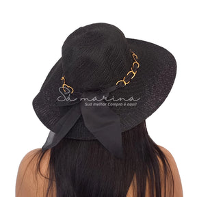 Sombrero de ala ancha para mujer con cadena de lujo y detalle de lazo 
