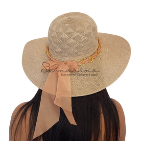 Sombrero de ala ancha para mujer con cadena de lujo y detalle de lazo 