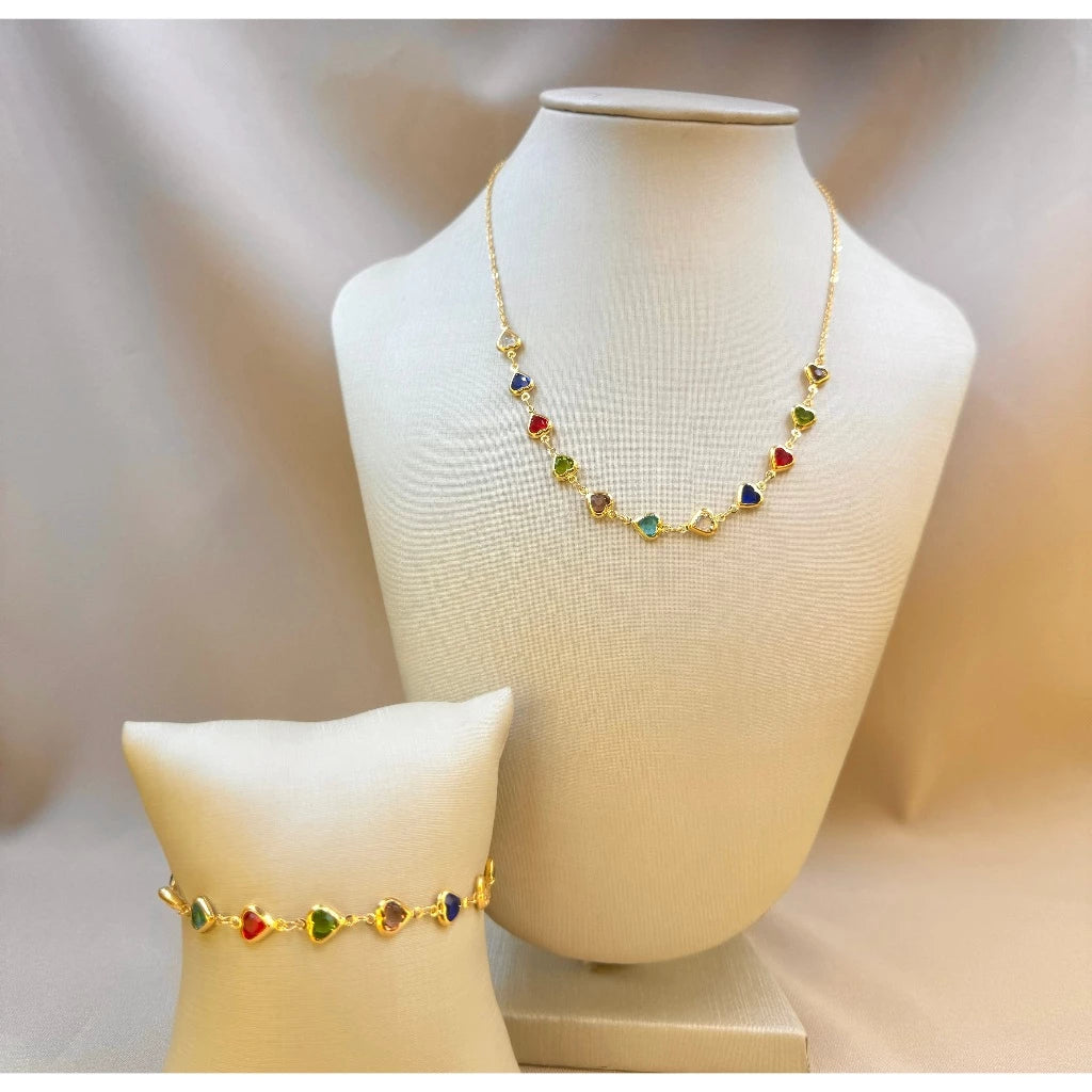 Kit Brilho do Amor - Colar e Pulseira Coração com Pedrinhas Coloridas