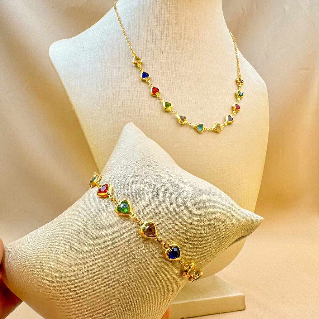 Kit Brilho do Amor - Colar e Pulseira Coração com Pedrinhas Coloridas