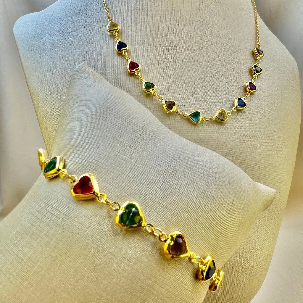 Kit Brilho do Amor - Colar e Pulseira Coração com Pedrinhas Coloridas