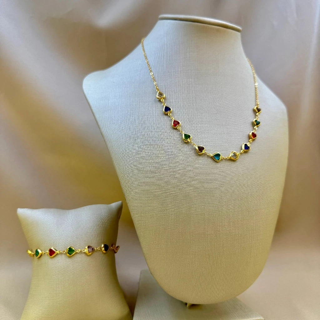 Kit Brilho do Amor - Colar e Pulseira Coração com Pedrinhas Coloridas