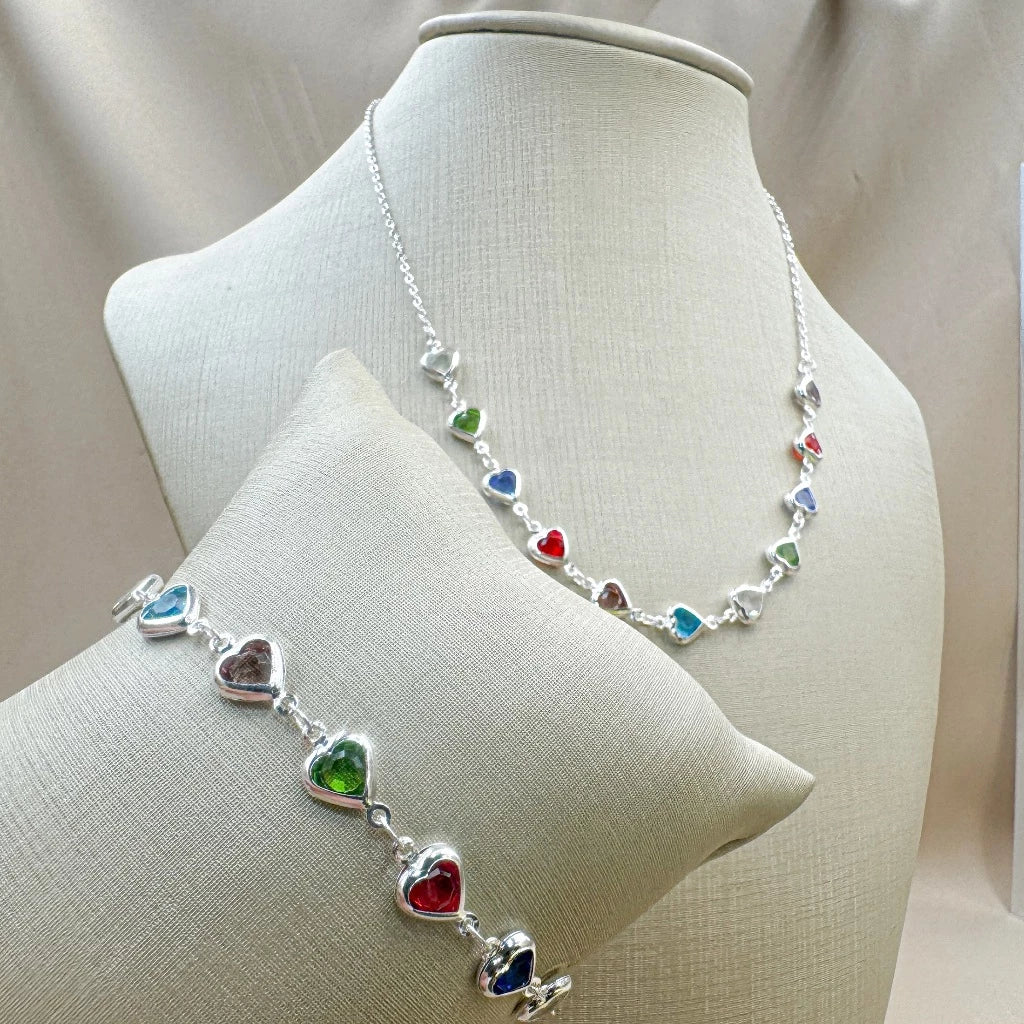 Kit Brilho do Amor - Colar e Pulseira Coração com Pedrinhas Coloridas