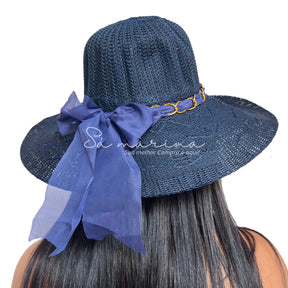 Sombrero de ala ancha para mujer con cadena de lujo y detalle de lazo 