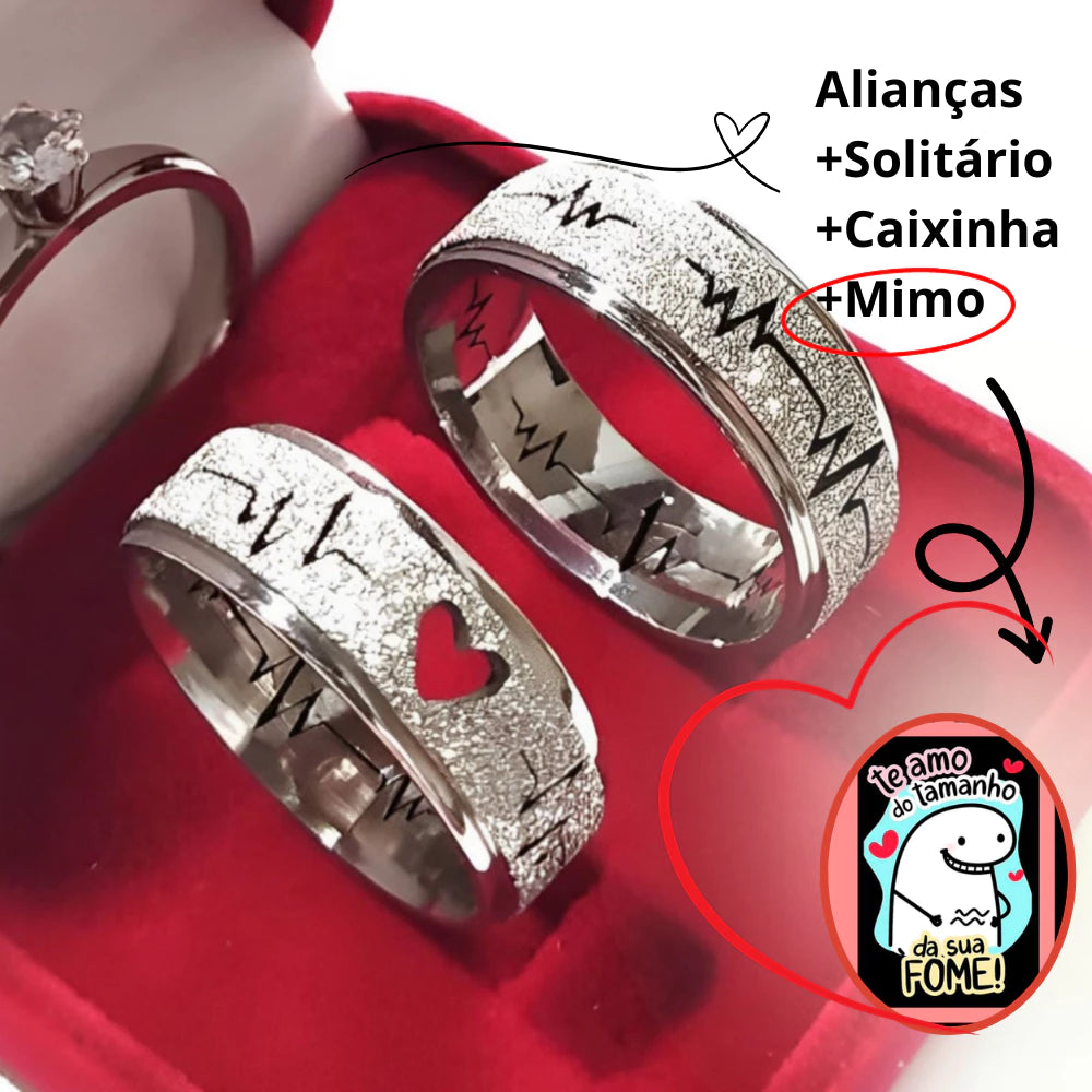 Par de Alianças SilverLove - Banhadas a Prata 925 + Solitário