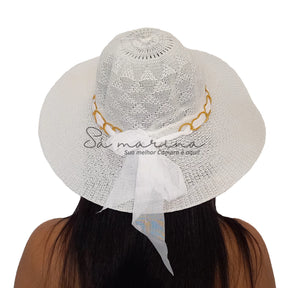 Sombrero de ala ancha para mujer con cadena de lujo y detalle de lazo 