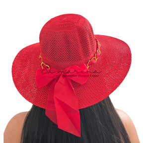 Sombrero de ala ancha para mujer con cadena de lujo y detalle de lazo 