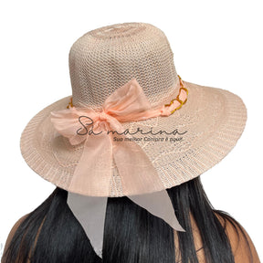 Sombrero de ala ancha para mujer con cadena de lujo y detalle de lazo 