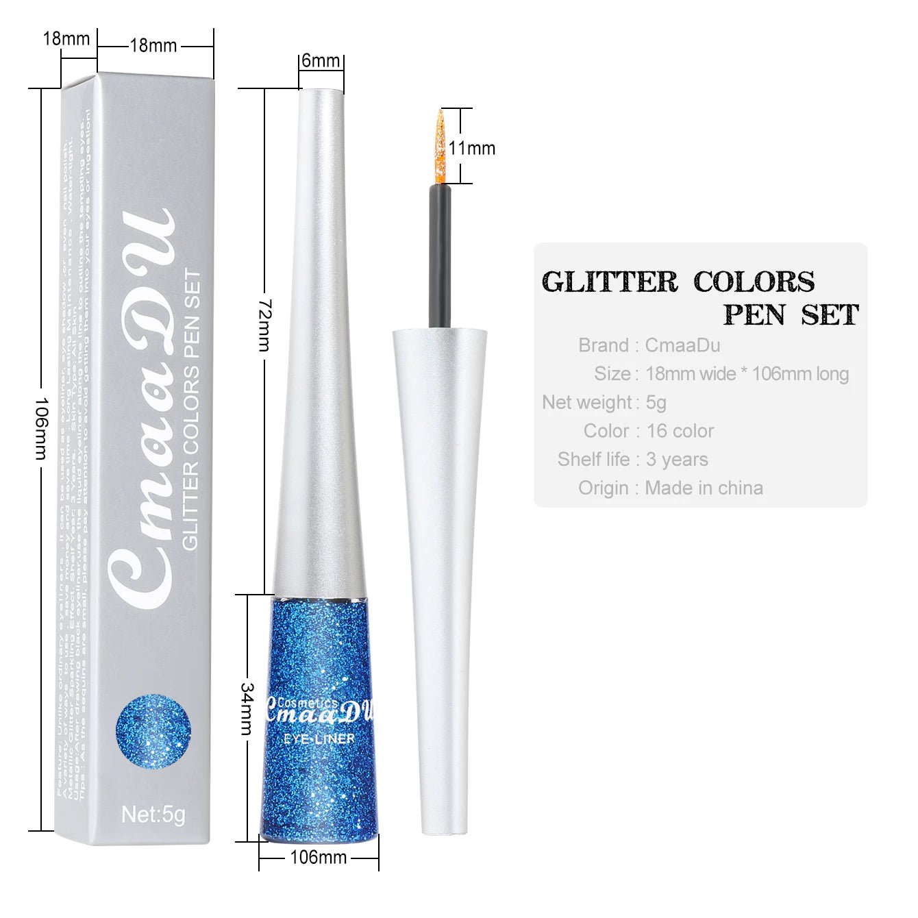 Delineador c/ Glitter 16 Cores CmaaDu | High Density Pearl Ultra Brilhante - Luna Fashion Style - 